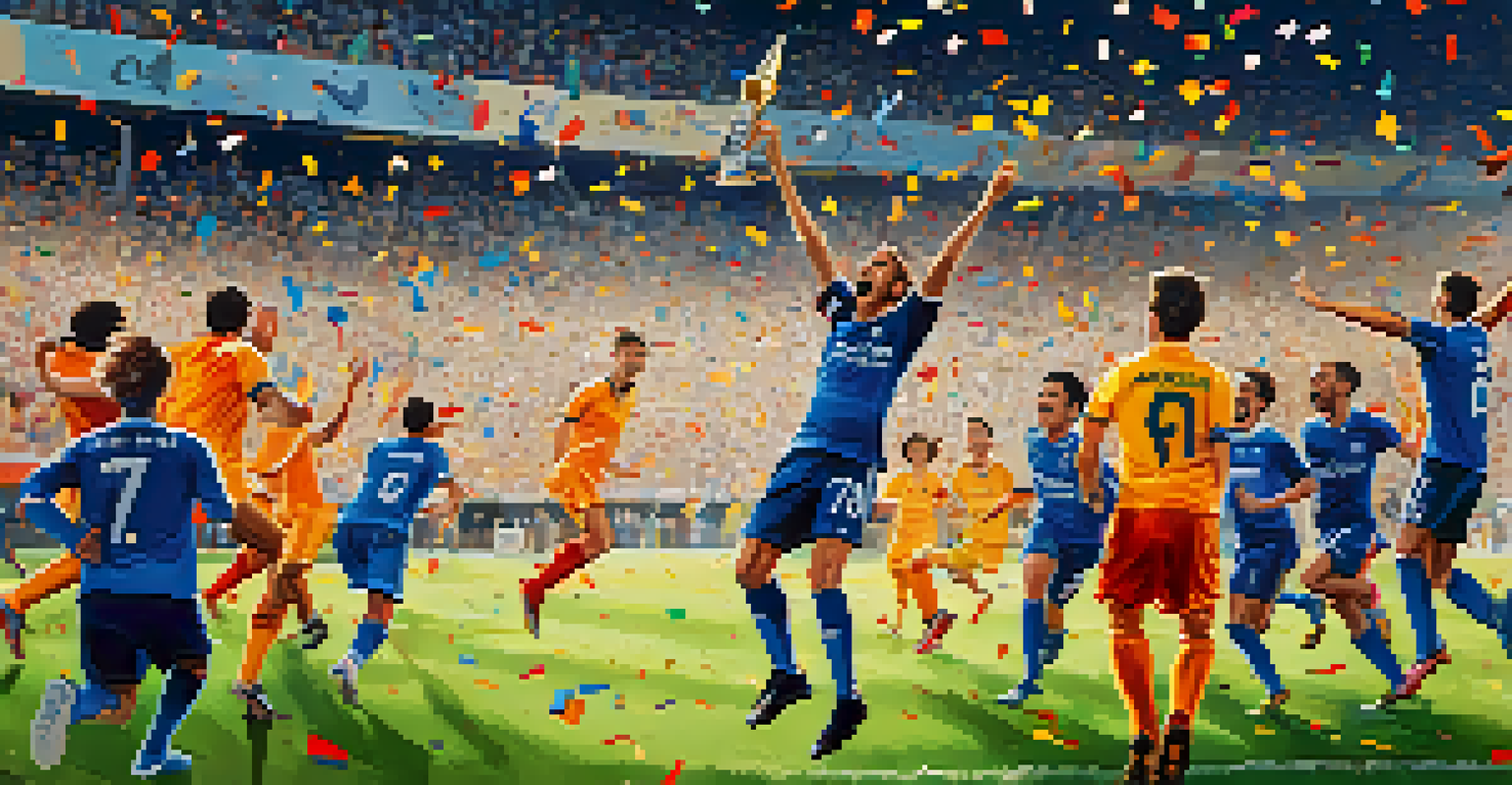 A football player celebrating a last-minute goal with teammates in a crowded stadium, highlighting the excitement and passion of La Liga matches.