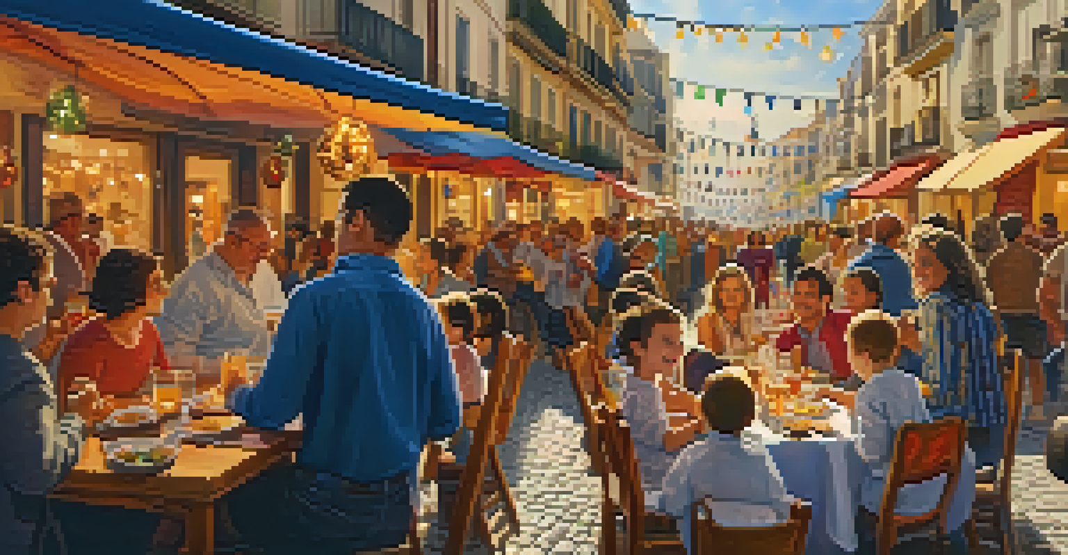 A family-friendly street party during Cadiz Carnival, showcasing people enjoying food and music in a festive atmosphere.