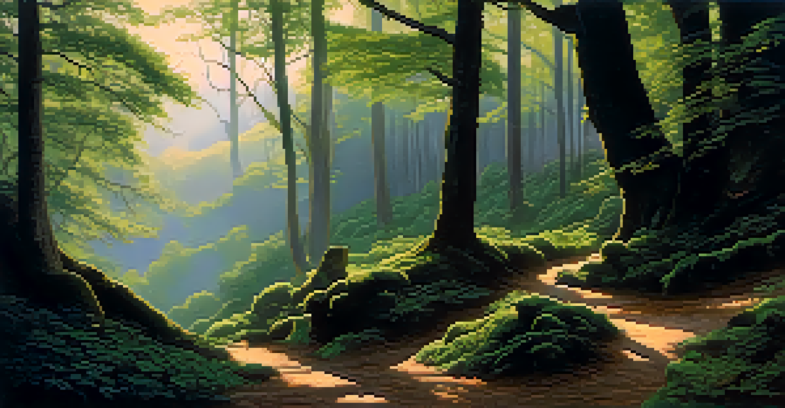A winding forest trail in the Basque Country, with a silhouette of Basajaun overseeing the landscape under dappled sunlight.