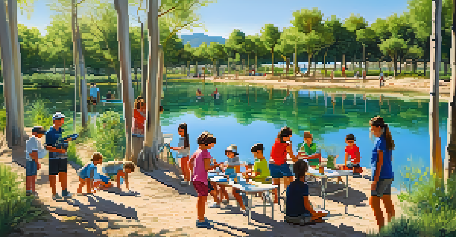 Families participating in a tree planting workshop at Camping Albufera, surrounded by greenery and a clear blue sky.