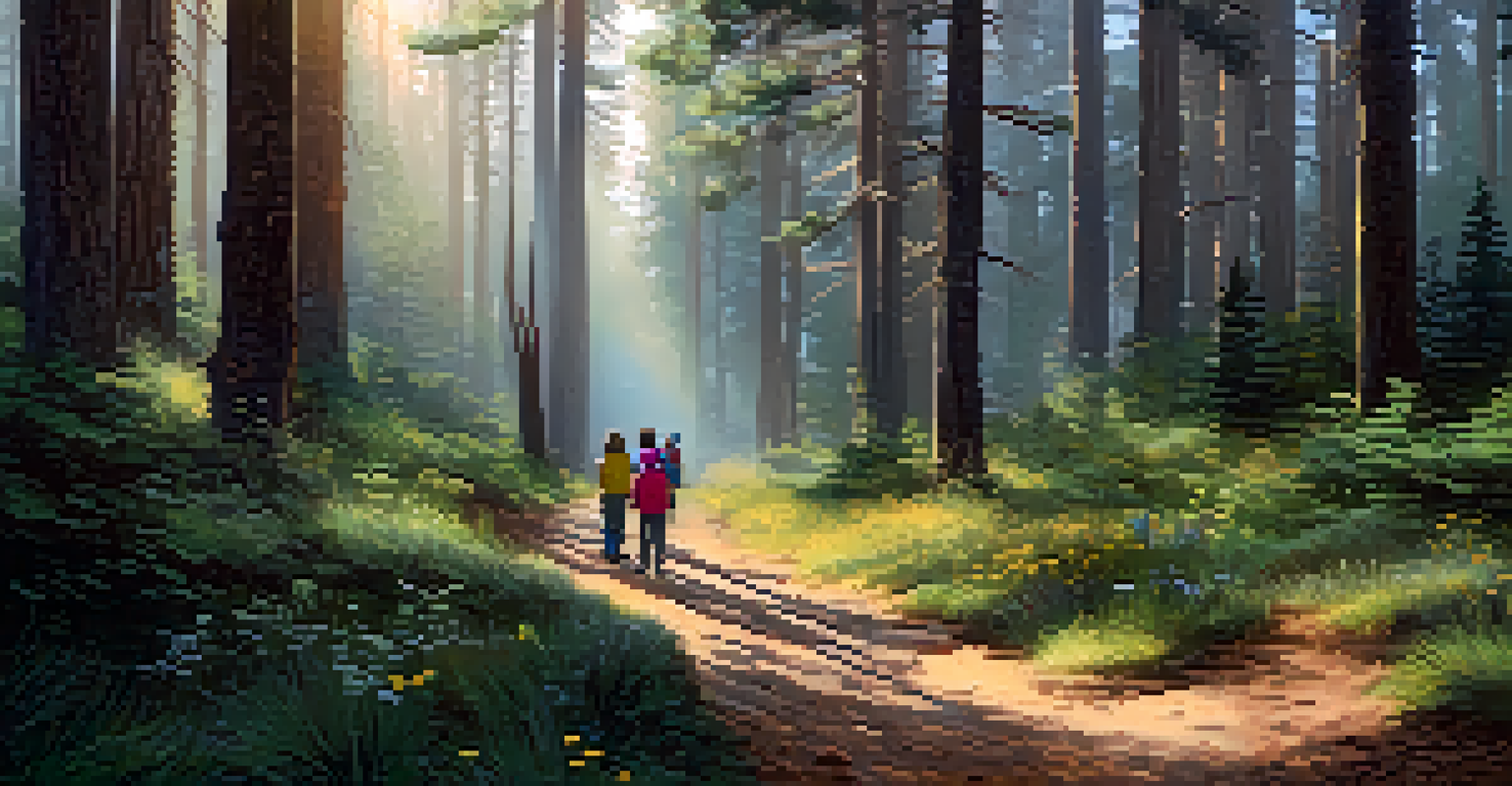 A family hiking on a scenic trail in Sierra de Guadarrama National Park, with a child examining animal footprints.