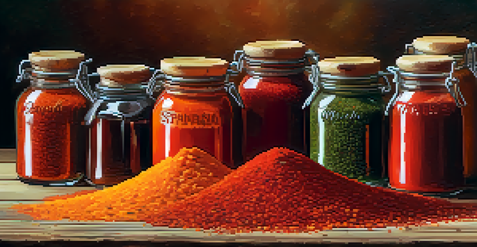 An artistic arrangement of different types of Spanish paprika on a wooden table, featuring jars labeled sweet, smoked, and hot paprika.
