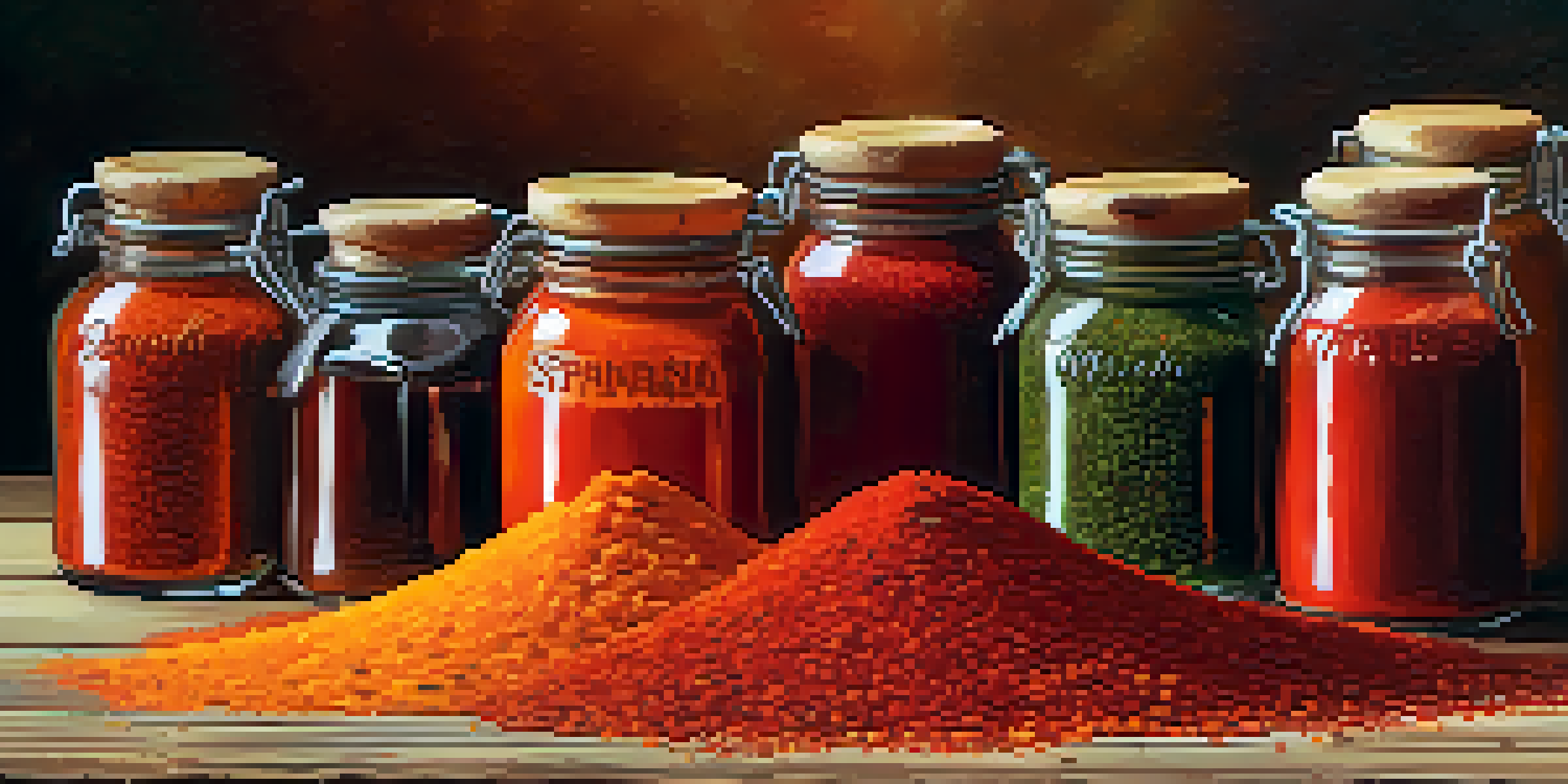 An artistic arrangement of different types of Spanish paprika on a wooden table, featuring jars labeled sweet, smoked, and hot paprika.