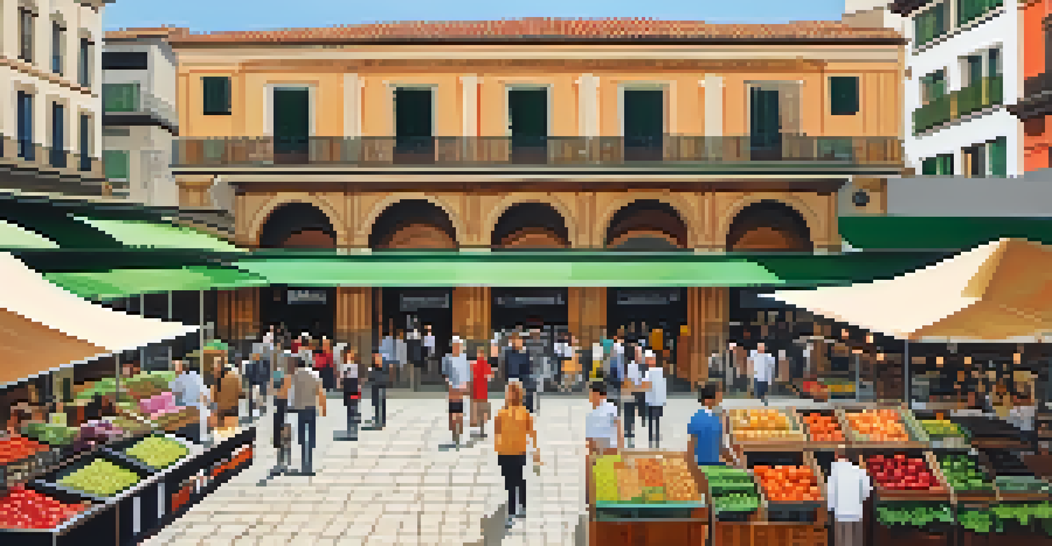 A modern market building with shoppers browsing colorful stalls of fresh produce, set against a backdrop of traditional Basque architecture.