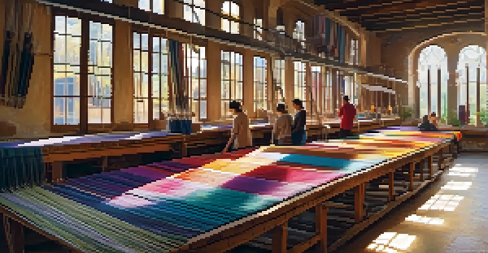 A textile workshop in Catalonia, showcasing artisans weaving colorful fabrics with natural dyes and intricate patterns on traditional looms.