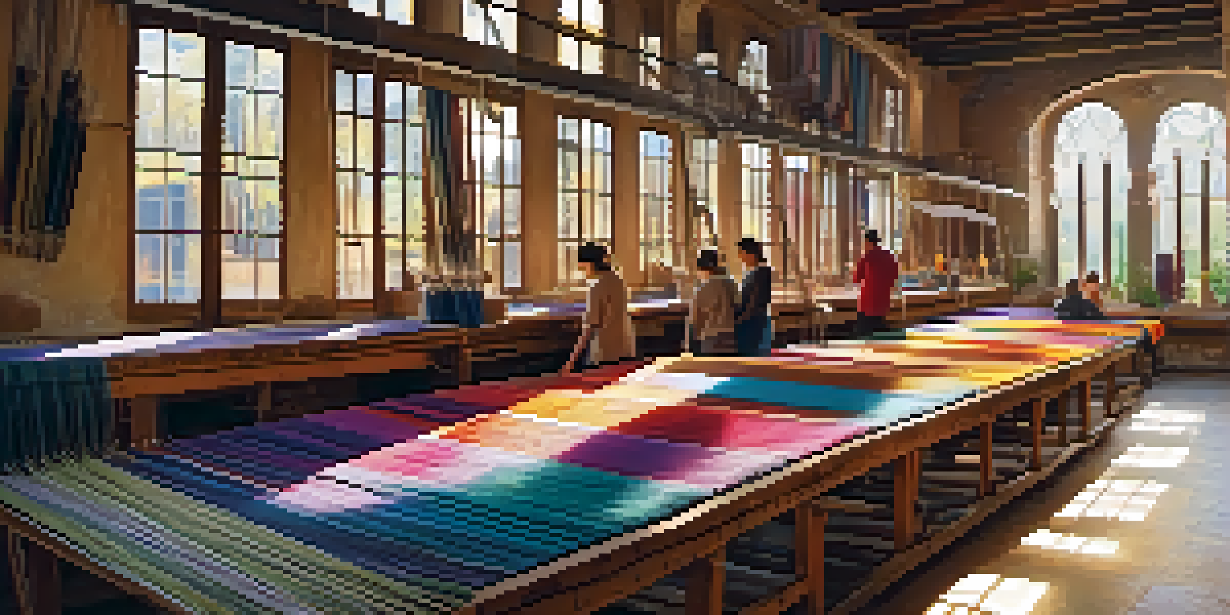 A textile workshop in Catalonia, showcasing artisans weaving colorful fabrics with natural dyes and intricate patterns on traditional looms.