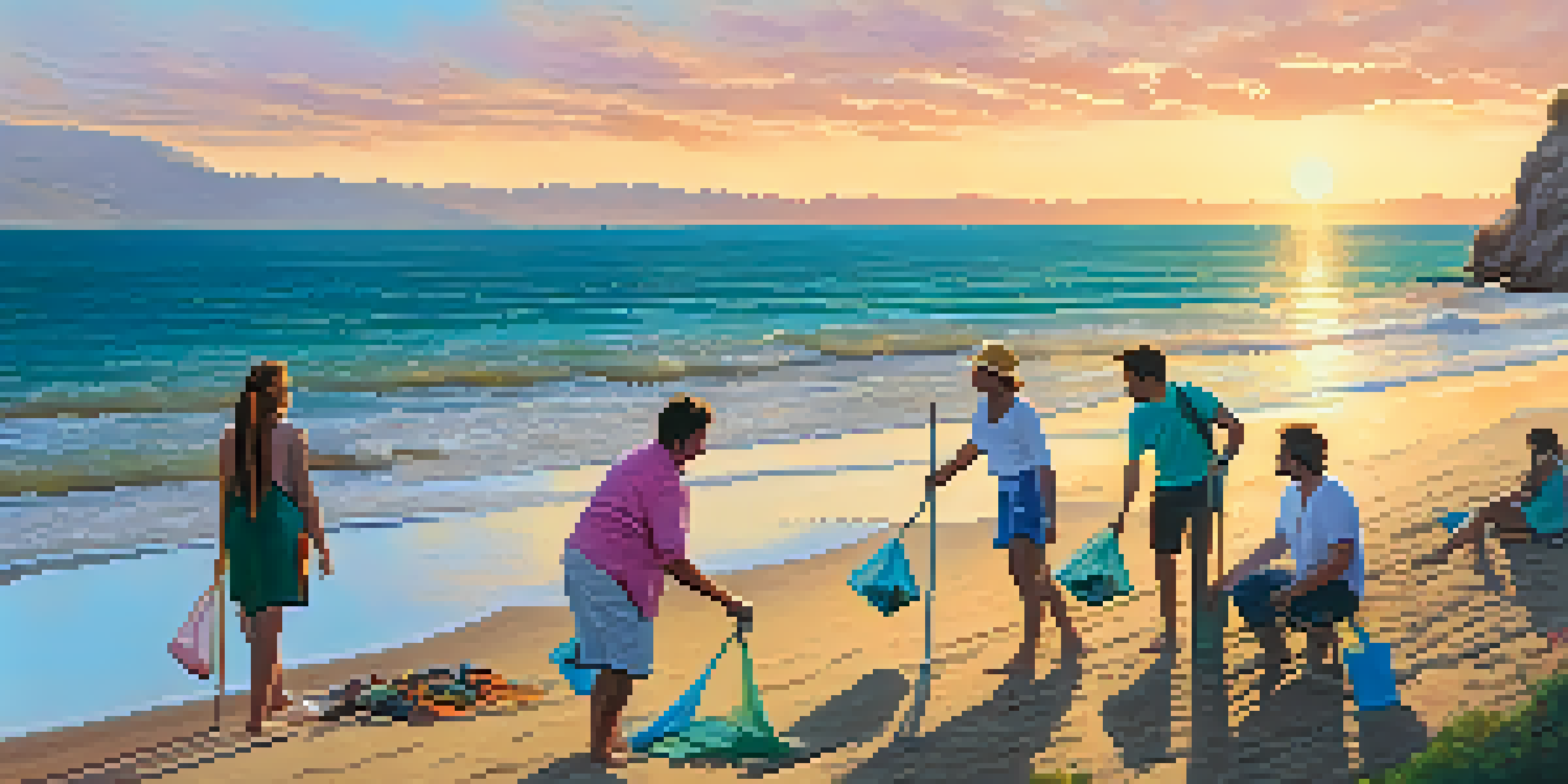 A beach clean-up scene in Costa Brava, with travelers picking up litter under a colorful sunset.