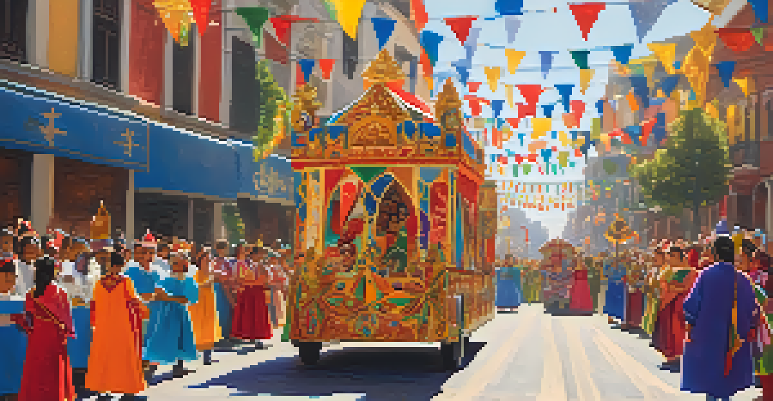 A vibrant parade with performers dressed as the Three Kings and colorful floats, filled with excited spectators celebrating Día de los Reyes.