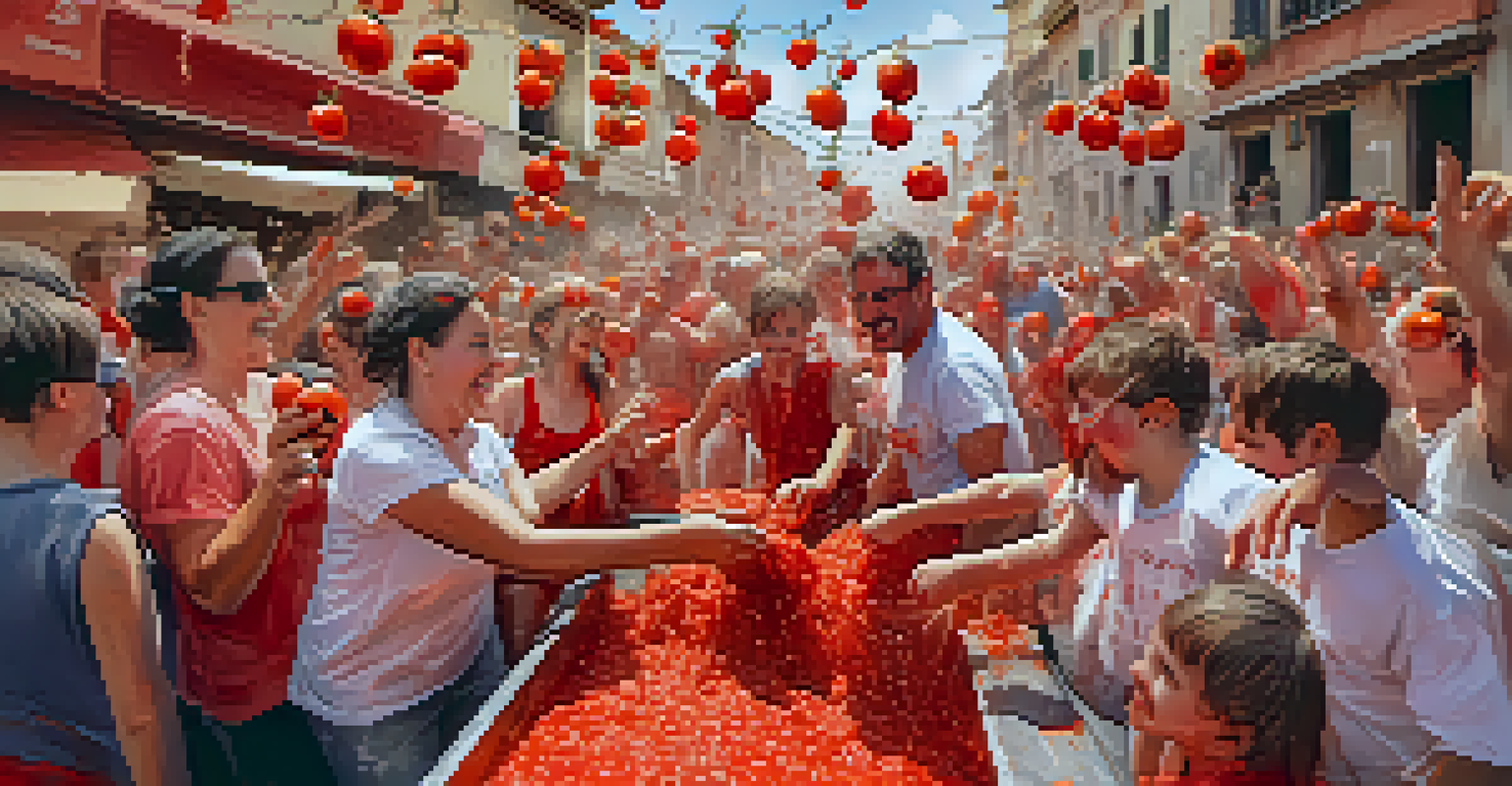 Families enjoying a playful tomato fight during La Tomatina festival in Buñol, with tomatoes flying and smiles all around.