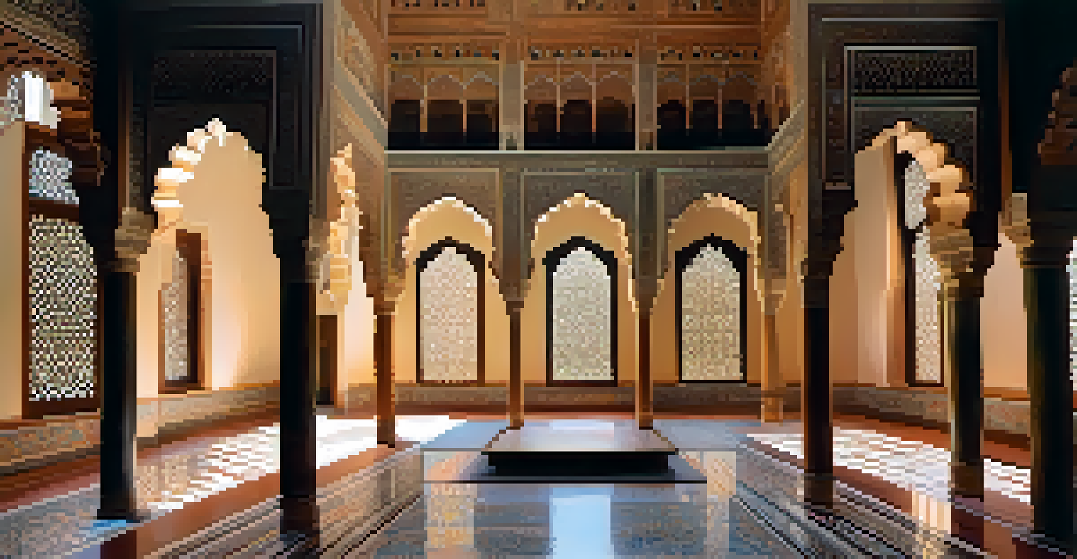 Interior of the Nasrid Palaces showing intricate stucco work and colorful ceilings.