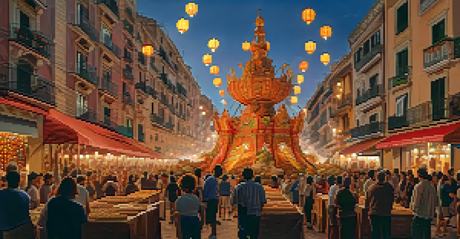 A crowd enjoying traditional food at Fallas de Valencia festival with large sculptures and fireworks in the background.