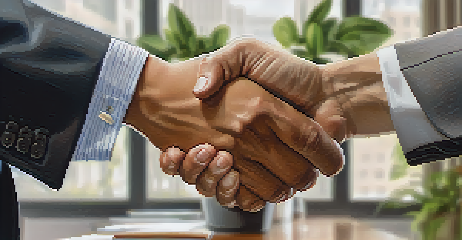 A close-up of a handshake between two individuals in a formal office setting, representing a respectful greeting.