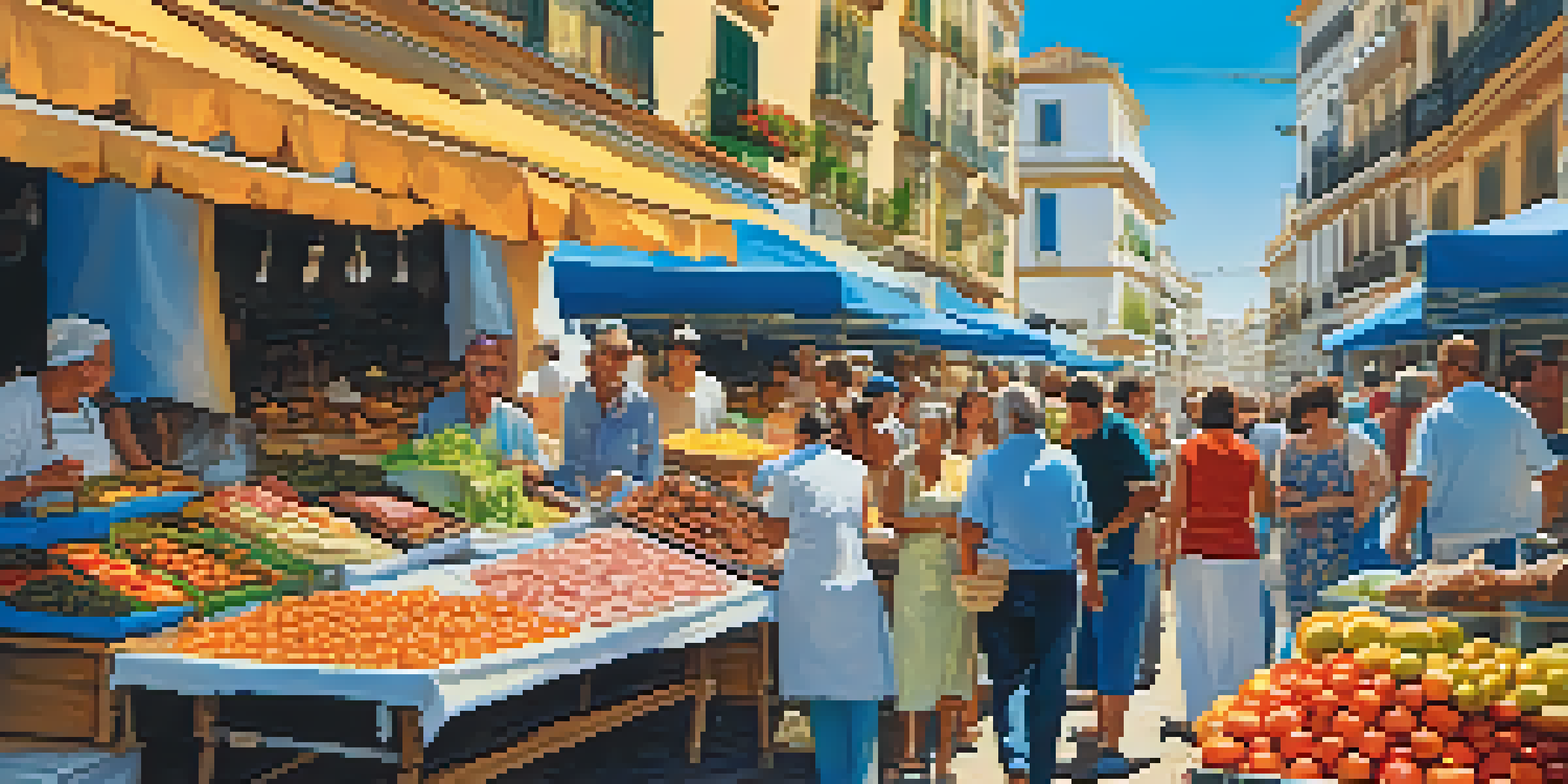 A lively street market in Malaga with colorful stalls of fresh food and people engaging with vendors.