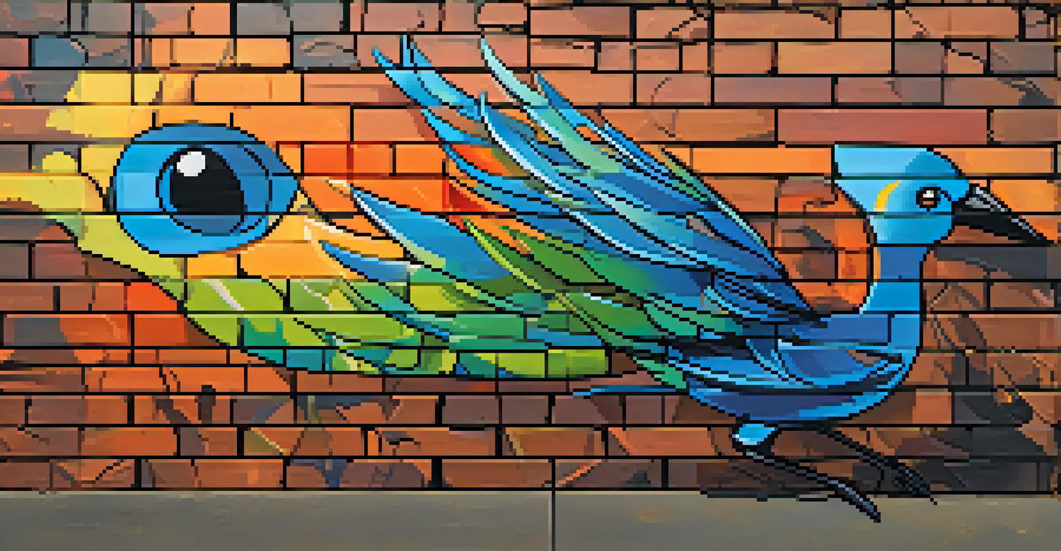 Close-up of a vibrant graffiti art on a brick wall, showcasing nature elements and abstract shapes.