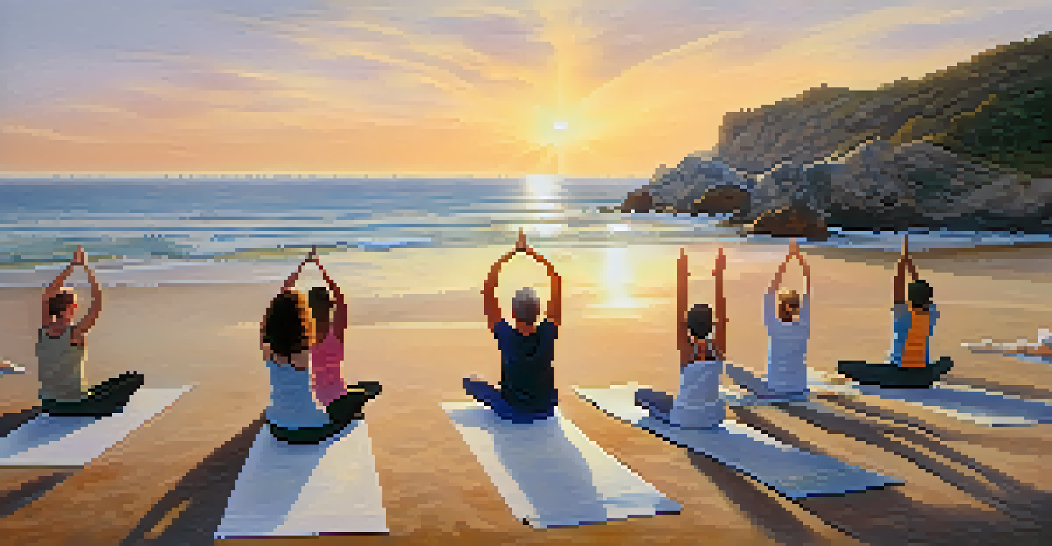 A peaceful yoga retreat on a beach at sunrise, with individuals practicing yoga surrounded by nature.