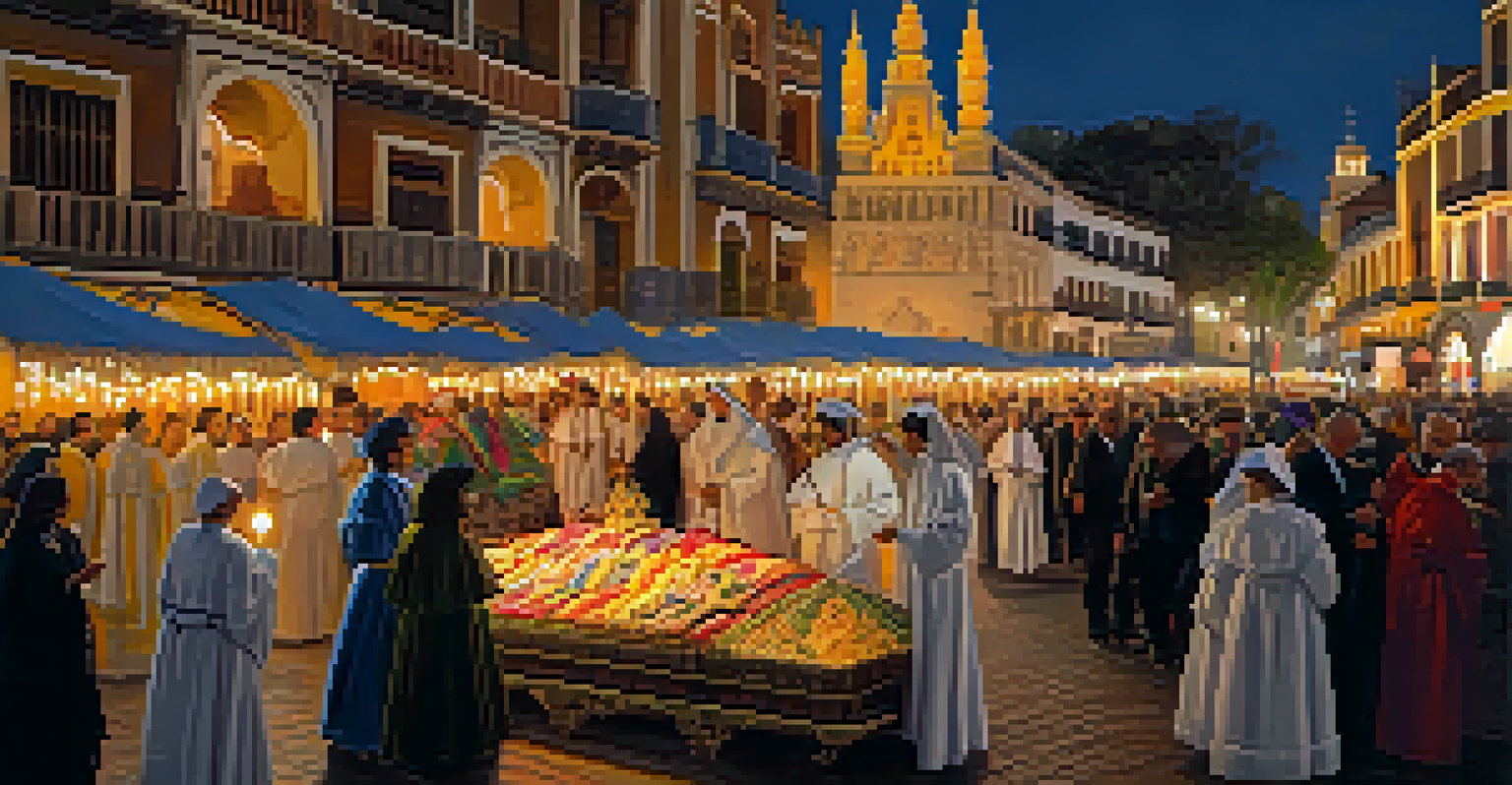 A solemn procession during Semana Santa in Seville, with families in traditional attire and beautifully adorned floats.