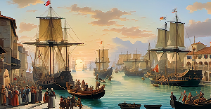 A 15th-century Spanish port with galleons and merchants, under a colorful sunset sky.