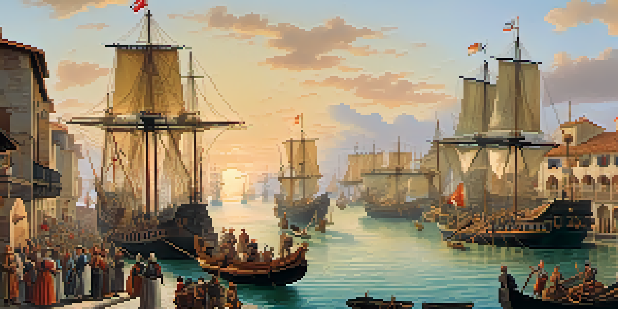 A 15th-century Spanish port with galleons and merchants, under a colorful sunset sky.