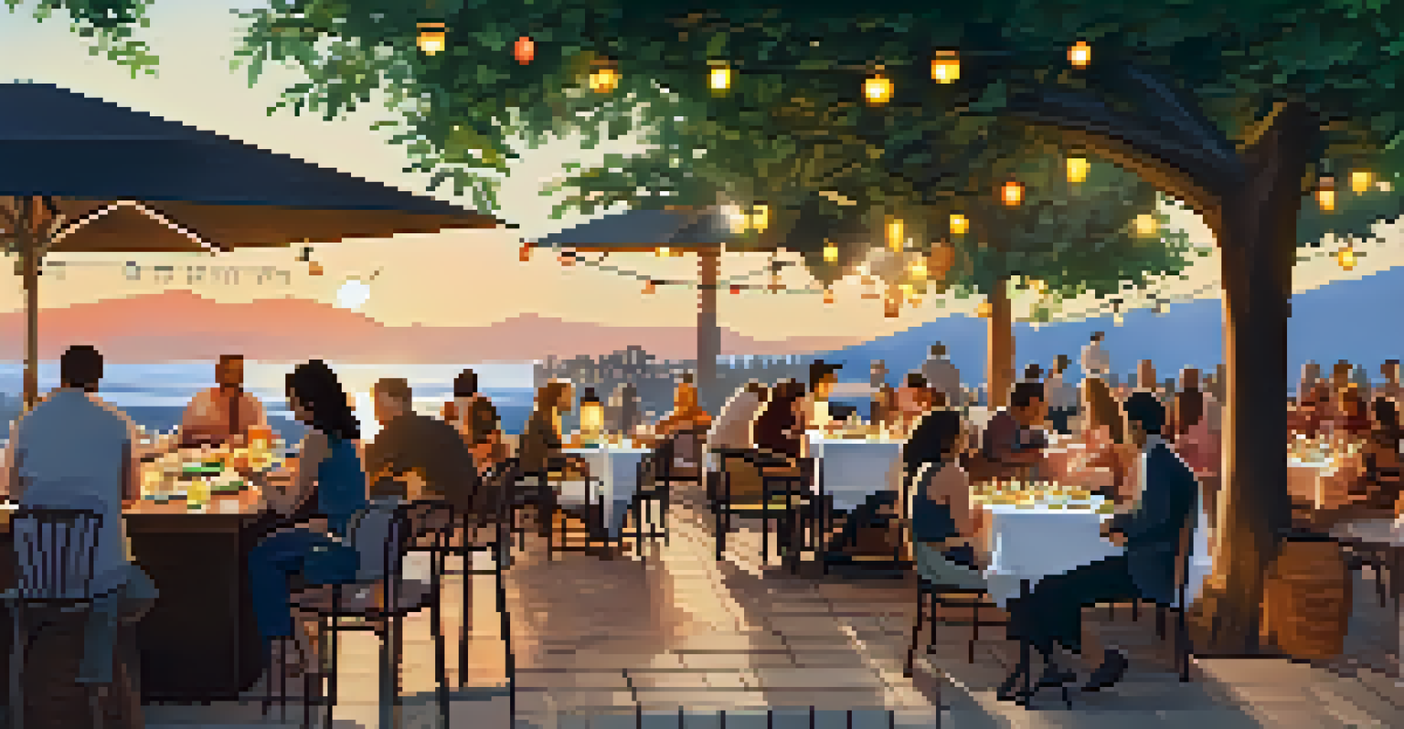 A picturesque outdoor tapas bar featuring various small plates, with guests socializing at sunset among greenery and lanterns.