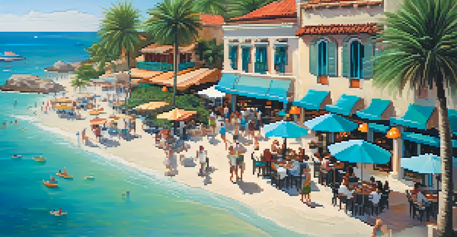 Aerial view of a lively coastal restaurant with outdoor dining, patrons enjoying tapas, and colorful umbrellas, with a beach and turquoise waters in the background.