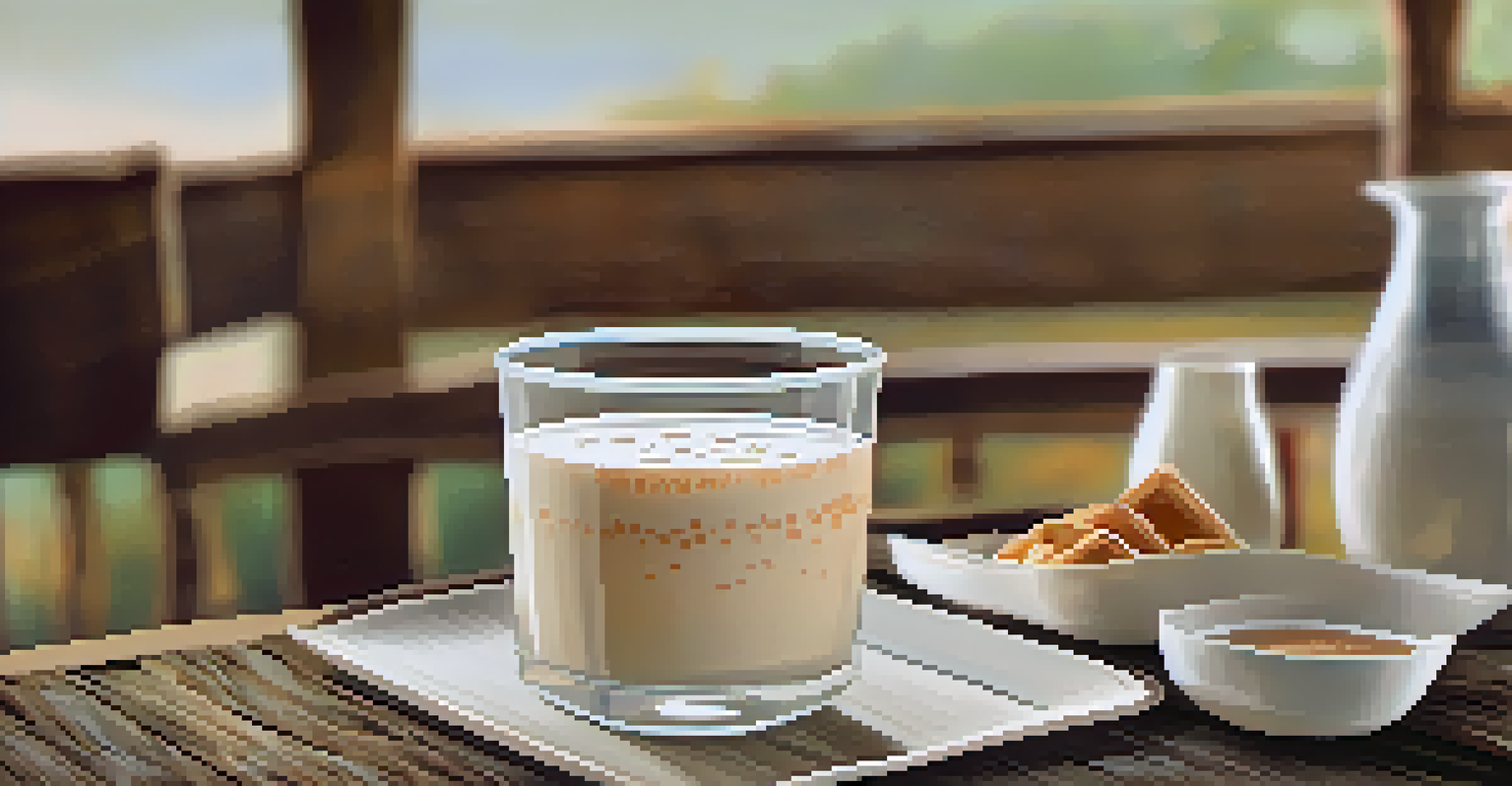 A close-up of horchata drink and sweet fartons on a wooden table, showcasing their textures and colors.