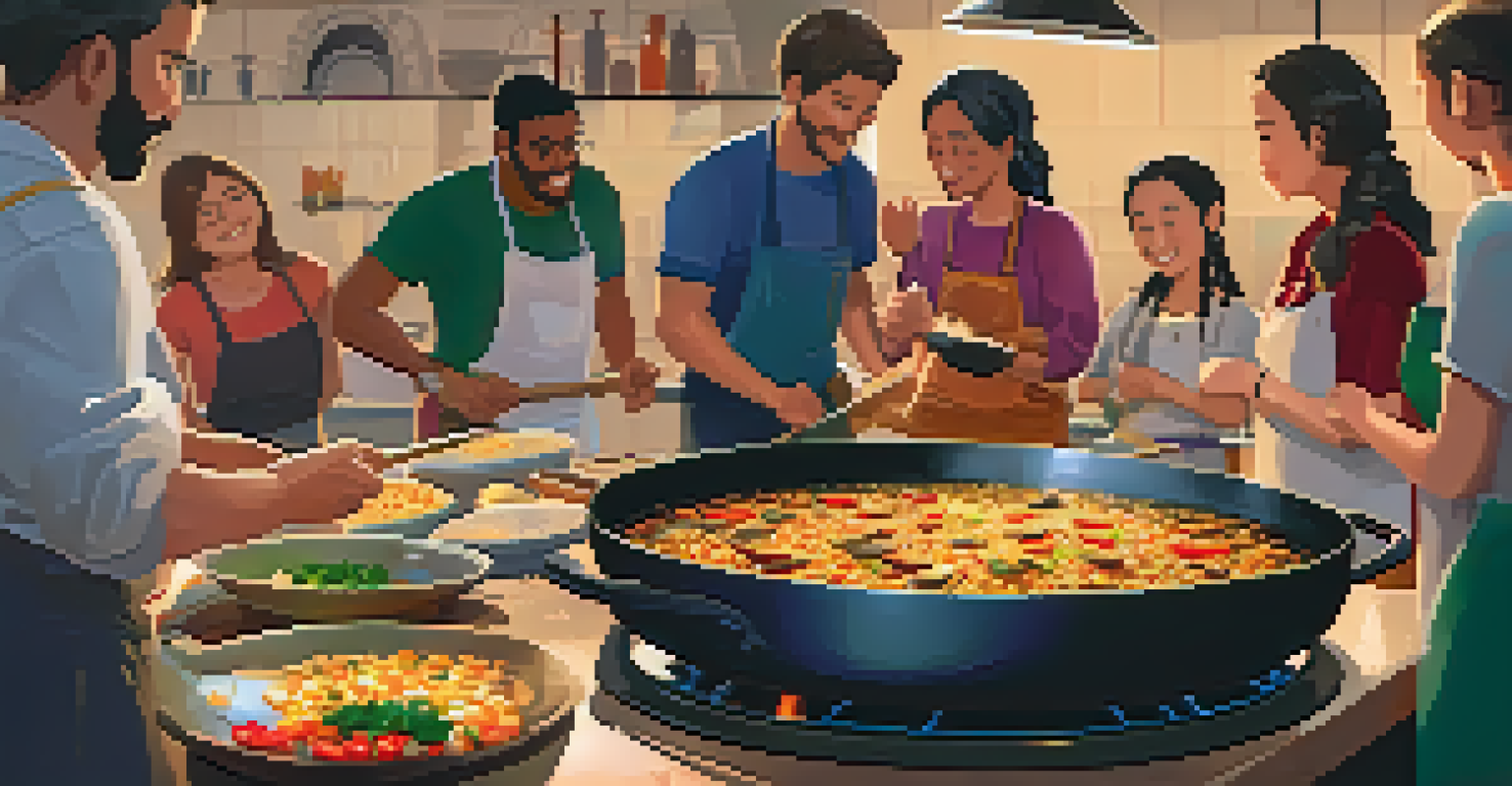An indoor cooking workshop with participants making paella, featuring a large pan and colorful ingredients, illuminated by warm lighting.