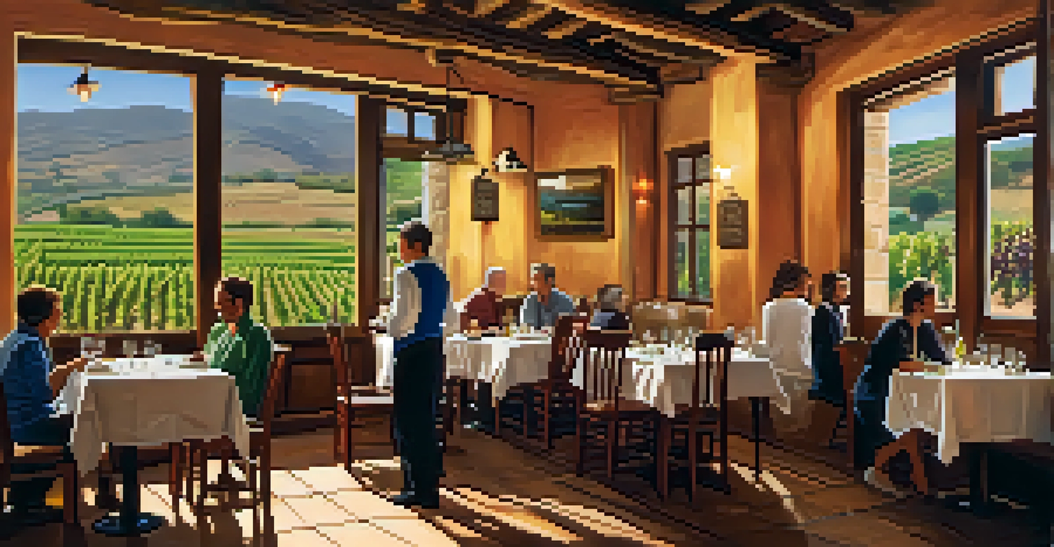 Interior of a local restaurant in La Rioja, with diners enjoying traditional dishes and a vineyard view.