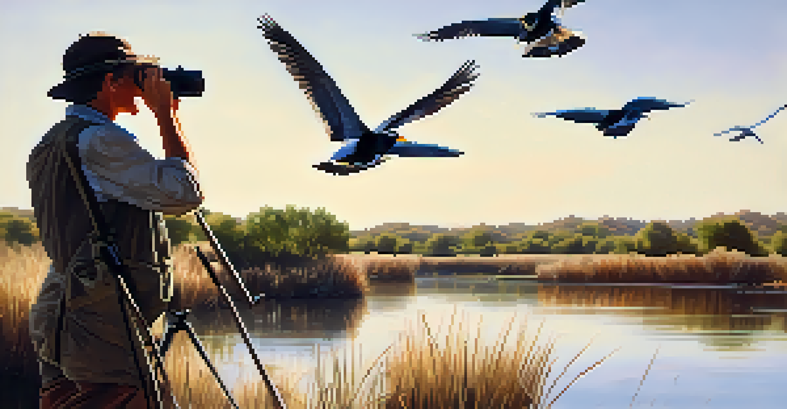A birdwatcher in Spain using binoculars to observe a flock of migratory birds in a scenic wetland habitat.