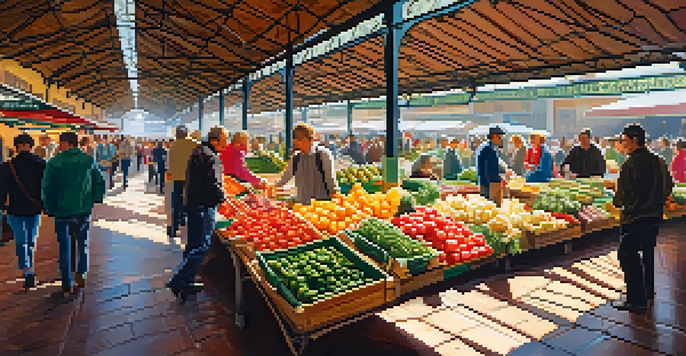 A lively market scene with colorful stalls of fresh fruits and vegetables, vendors engaging with customers, and warm sunlight illuminating the space.