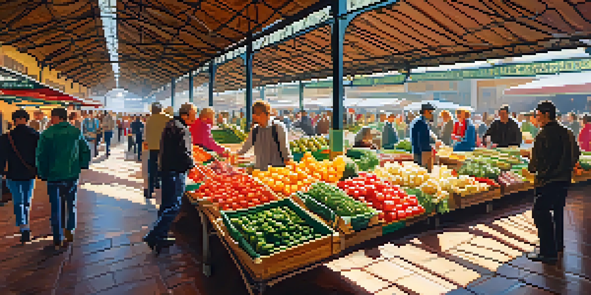 A lively market scene with colorful stalls of fresh fruits and vegetables, vendors engaging with customers, and warm sunlight illuminating the space.