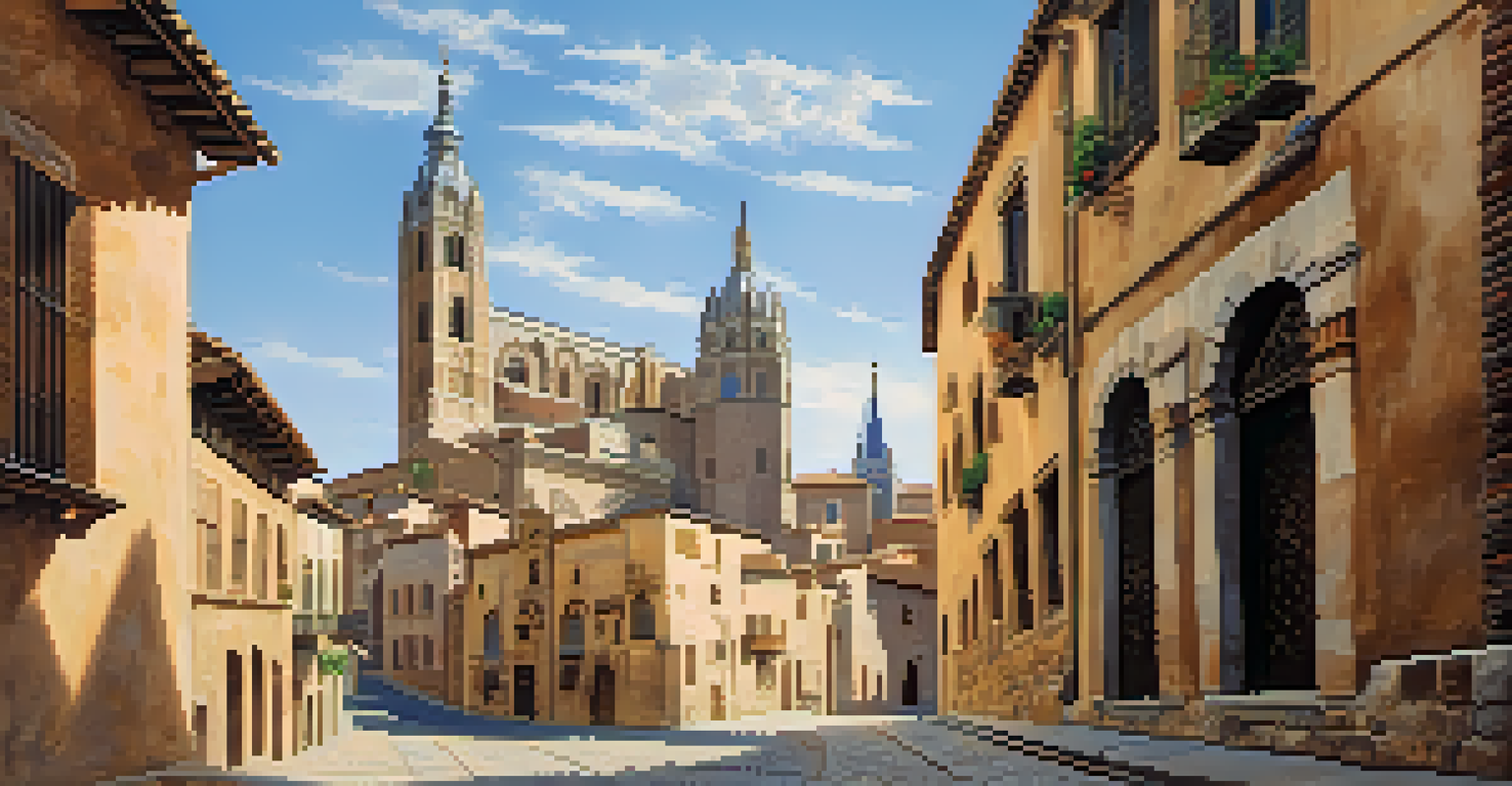A charming cobblestone street in Toledo, lined with historical buildings and leading to the Toledo Cathedral under a clear blue sky.