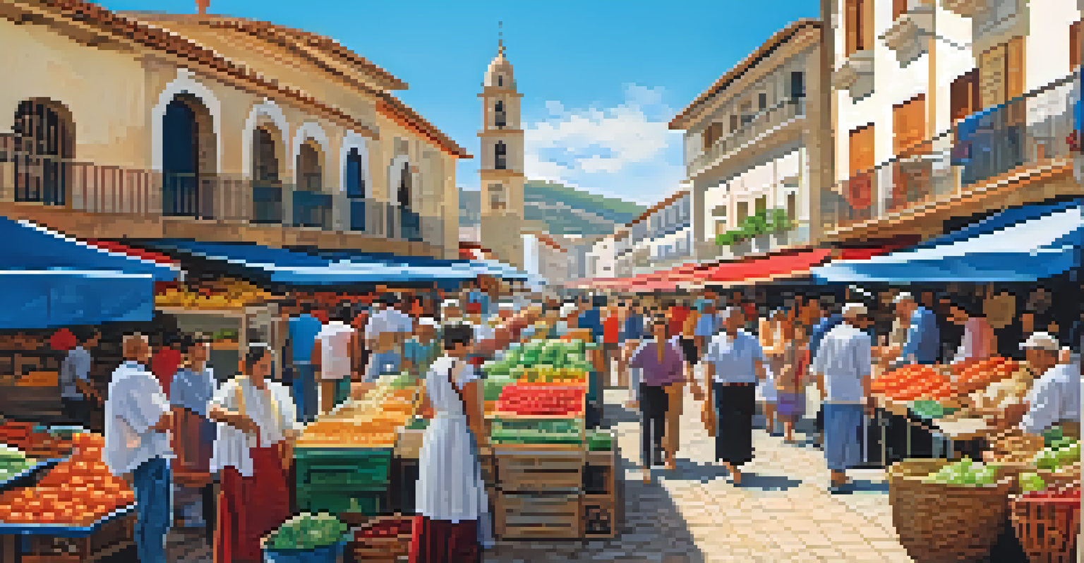 Lively market scene in Albayzín with local vendors selling produce and crafts, showcasing vibrant colors and characteristic architecture.