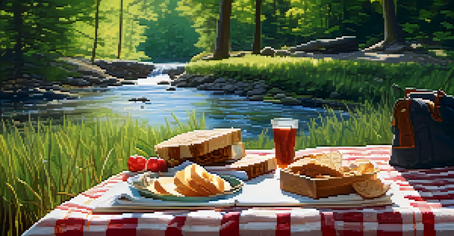 A cozy picnic setup in nature with snacks and a field guidebook, set against a tranquil forest and stream backdrop.