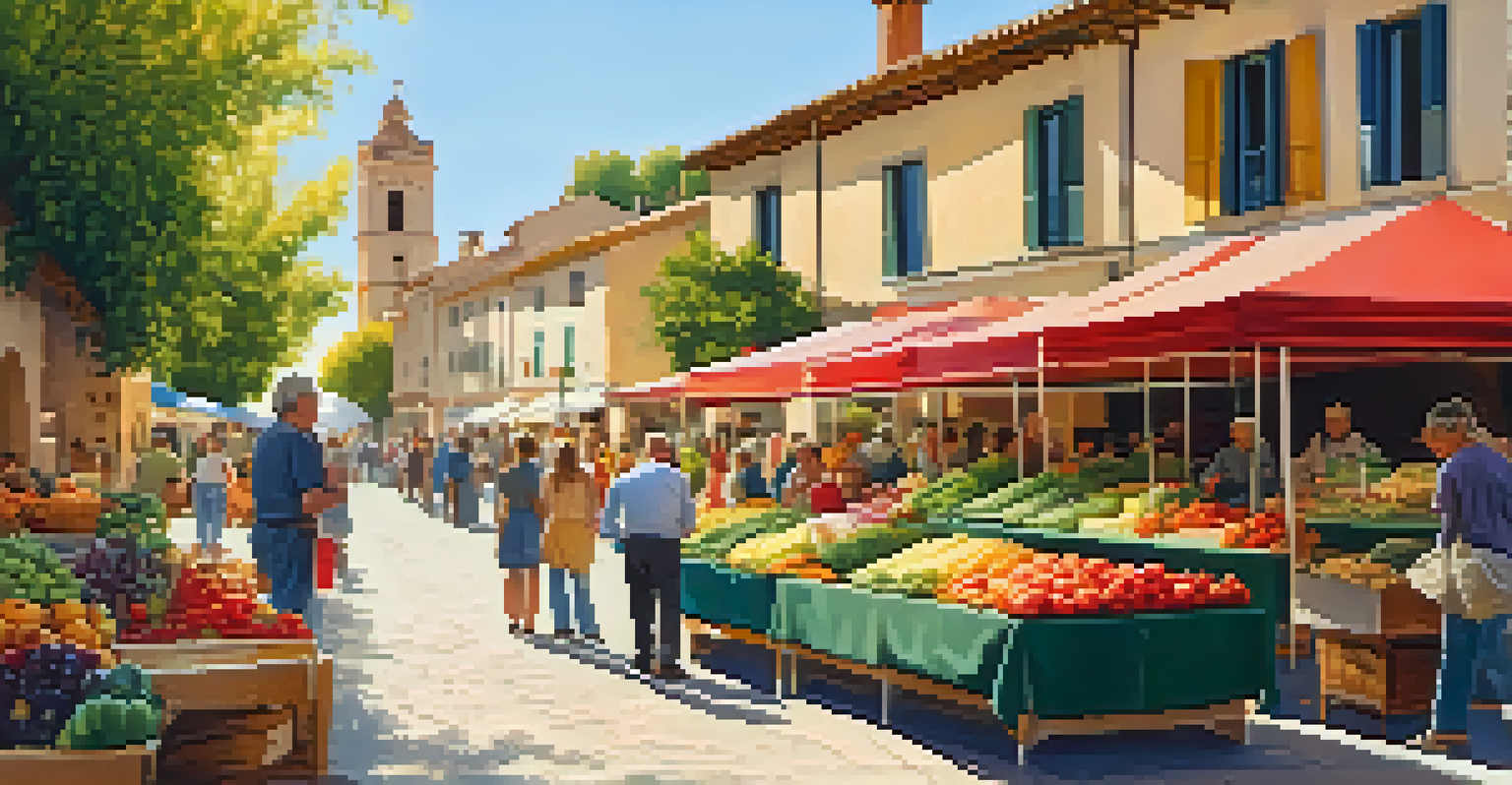 A bustling farmers' market with colorful stalls displaying fresh produce and handmade crafts, surrounded by happy visitors and local farmers in a sunny Spanish village.