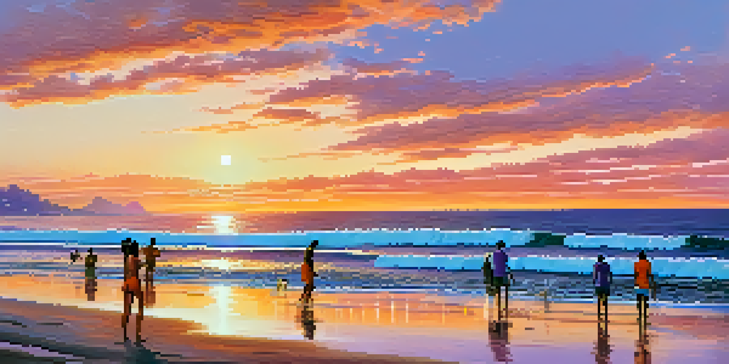 A peaceful beach at sunset with colorful reflections on water and people enjoying the scene.