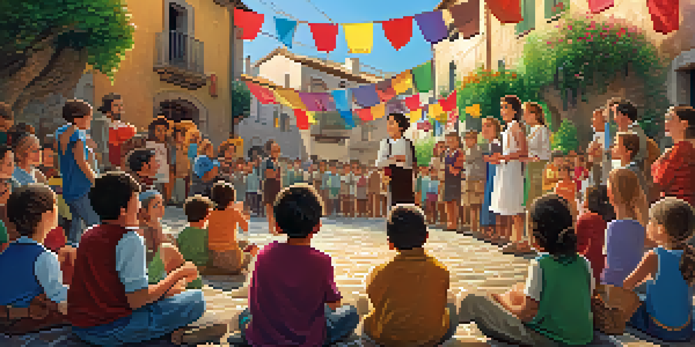 A storyteller shares a folktale to an engaged audience in a sunny village square, surrounded by colorful decorations and rustic buildings.