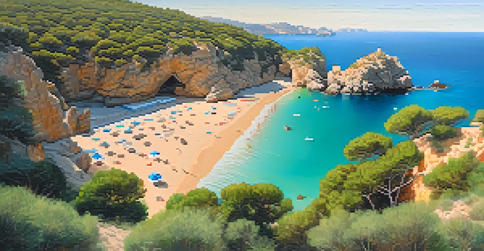 A peaceful beach scene at Cala de la Granadella with golden sands, turquoise waters, and green cliffs under a sunset sky.