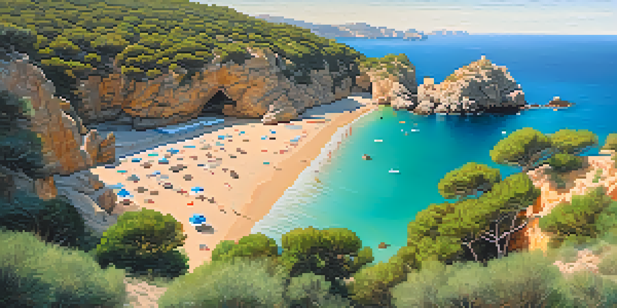 A peaceful beach scene at Cala de la Granadella with golden sands, turquoise waters, and green cliffs under a sunset sky.