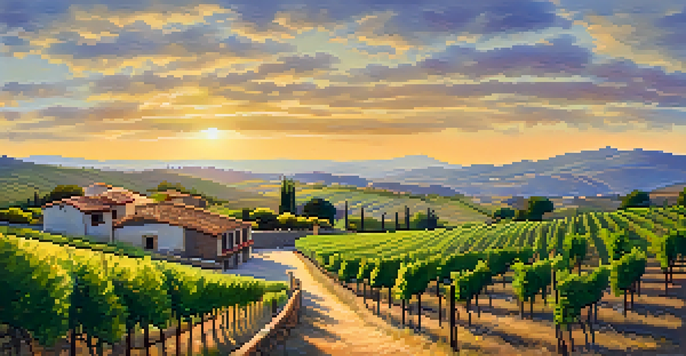 A scenic view of a vineyard in the Rioja region of Spain during sunset, showcasing green vines and rustic bodegas.