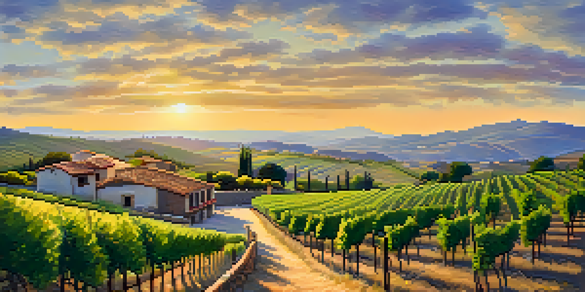 A scenic view of a vineyard in the Rioja region of Spain during sunset, showcasing green vines and rustic bodegas.