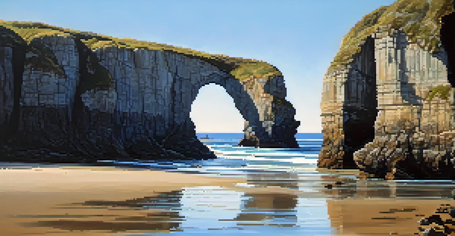 Dramatic cliffs and rock formations resembling arches at a beach during low tide with a blue sky above.