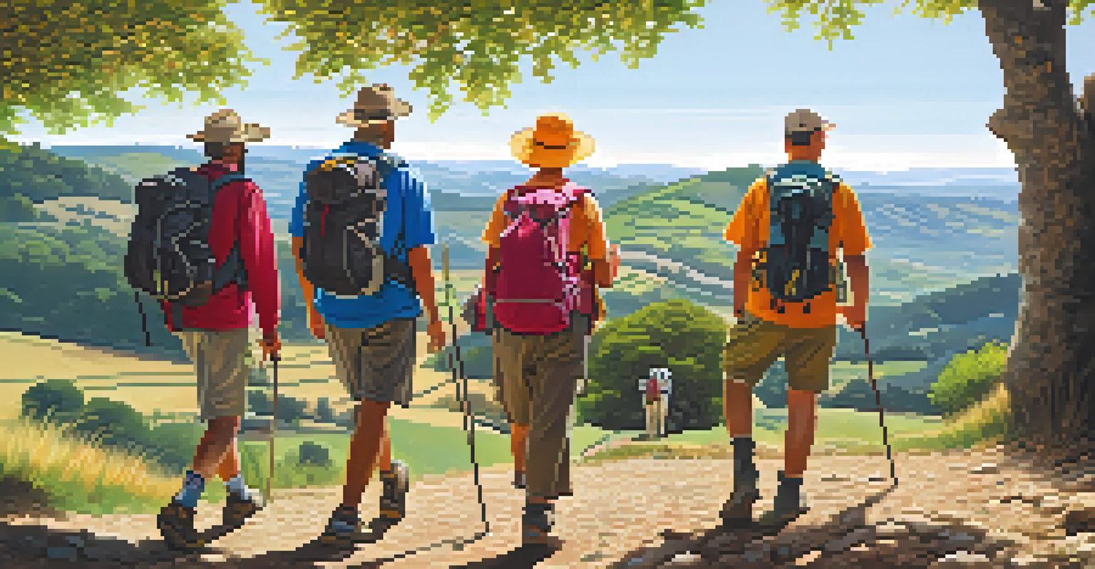 A diverse group of pilgrims walking together on the Camino de Santiago, sharing stories in a scenic outdoor setting with trees and mountains.