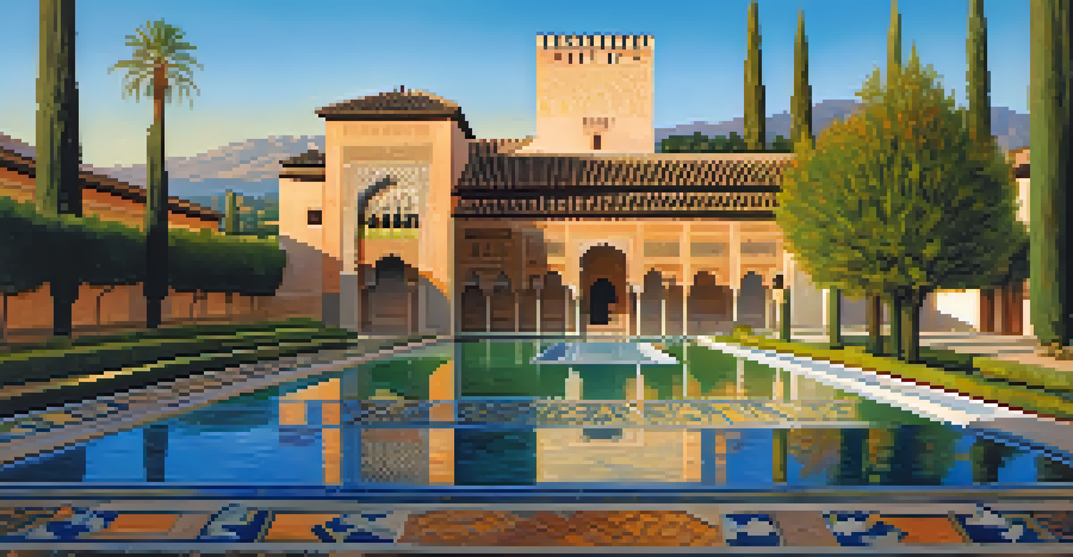 A stunning view of the Alhambra at sunset, highlighting its Moorish architecture and gardens with warm golden light.