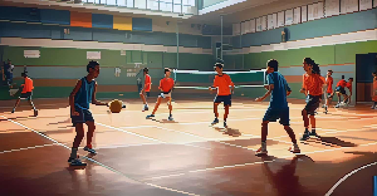 Young athletes practicing Pelota in a sports center, highlighting their teamwork and determination in a vibrant indoor setting.