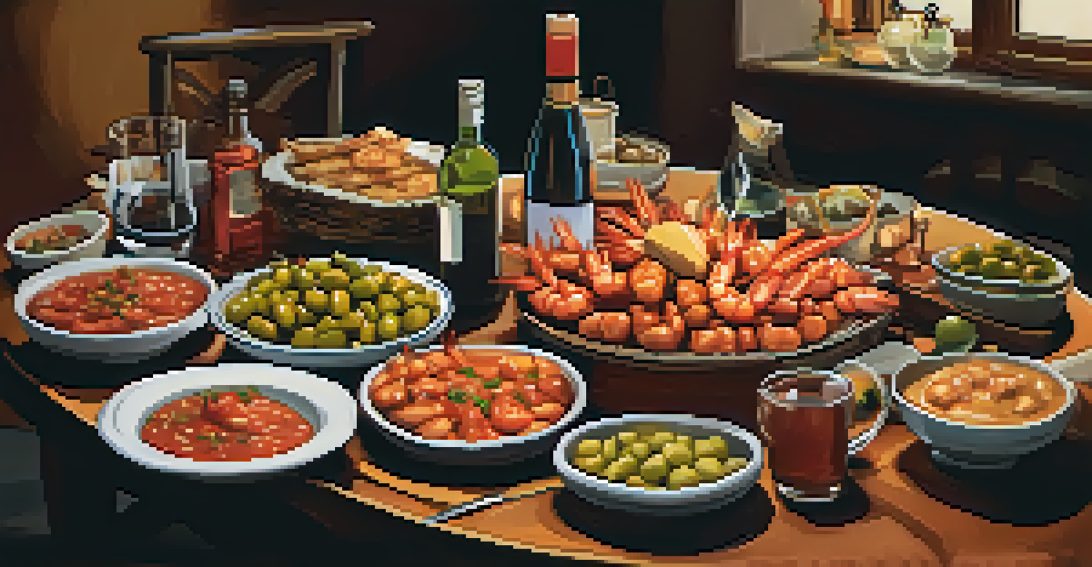 A table filled with assorted tapas dishes in a warm, inviting Spanish bar setting.