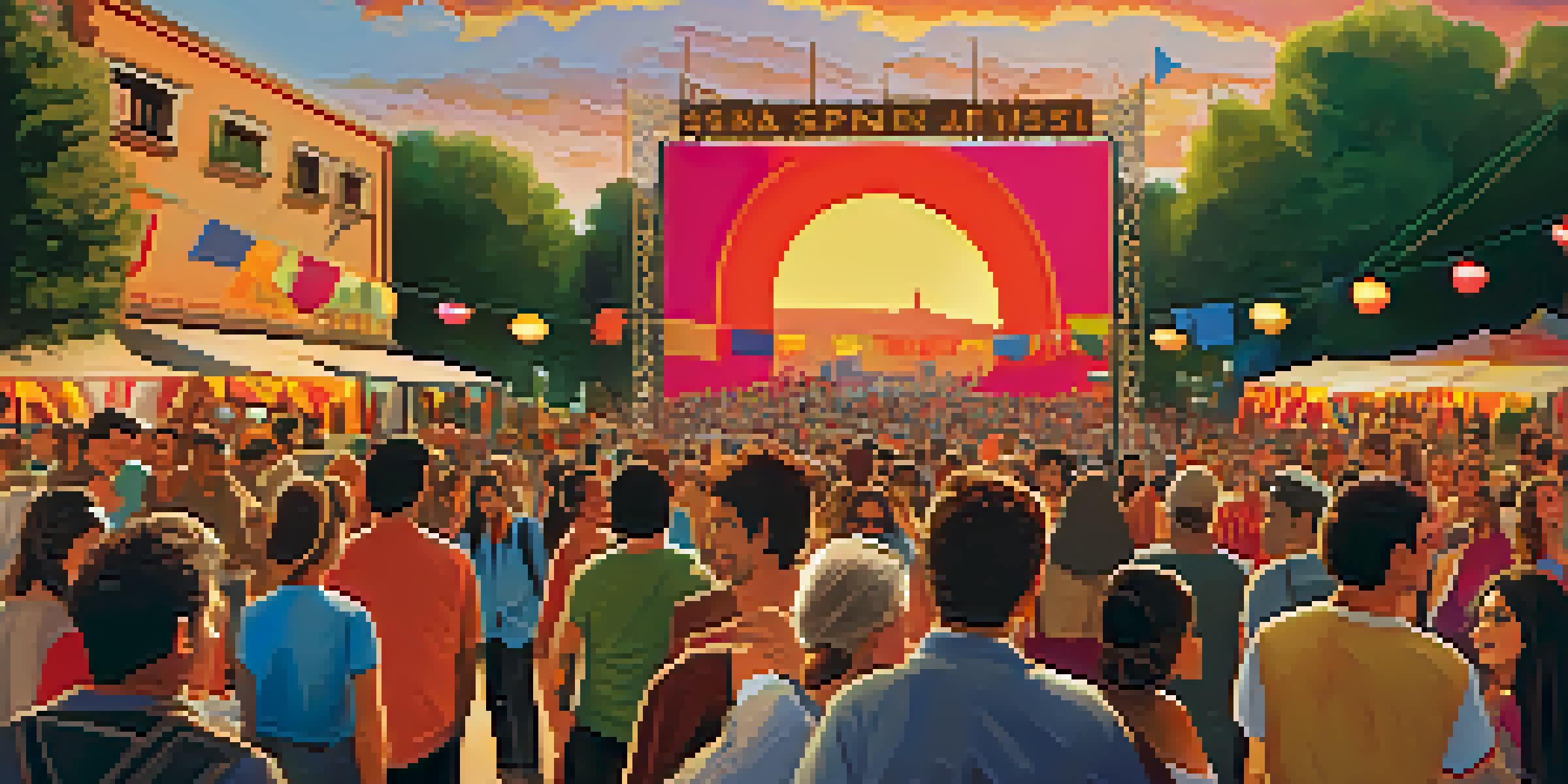 A lively outdoor Spanish film festival with diverse attendees and colorful decorations under a sunset sky.