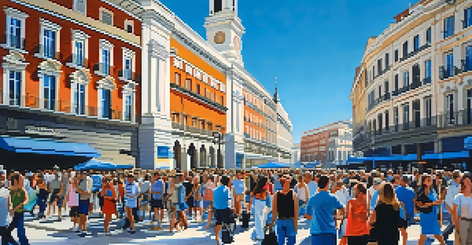 A busy square in Madrid featuring the iconic clock tower, filled with people and historical buildings under a sunny sky.