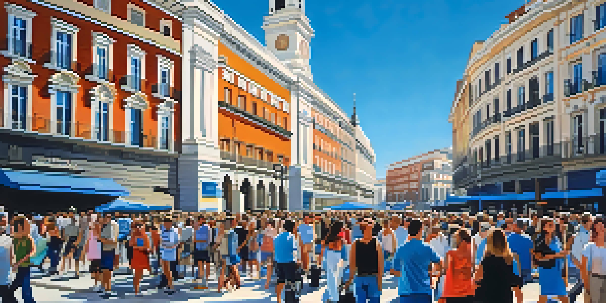 A busy square in Madrid featuring the iconic clock tower, filled with people and historical buildings under a sunny sky.