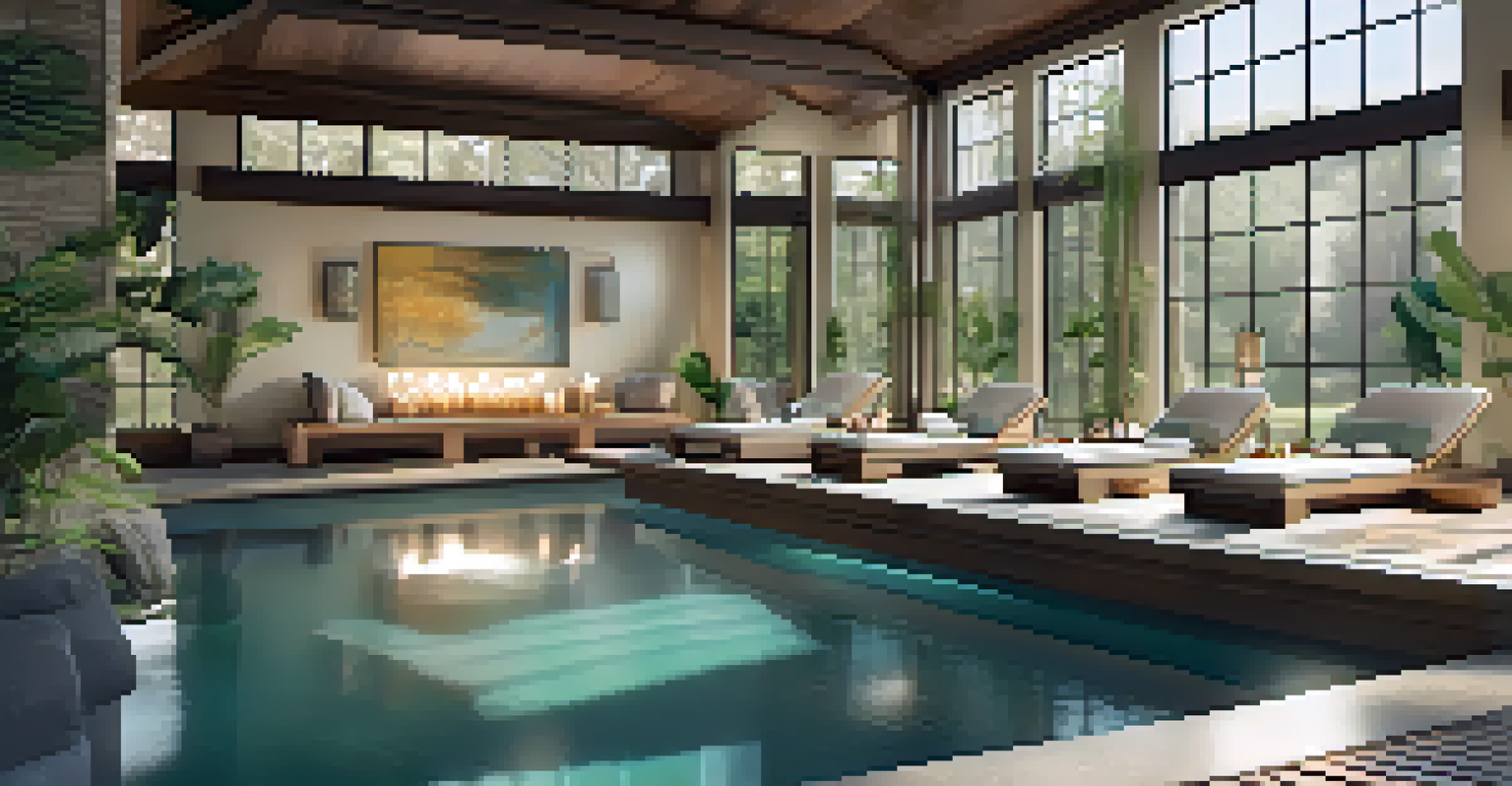 An elegant indoor spa with a swimming pool surrounded by large windows and lounge chairs, illuminated by natural light.