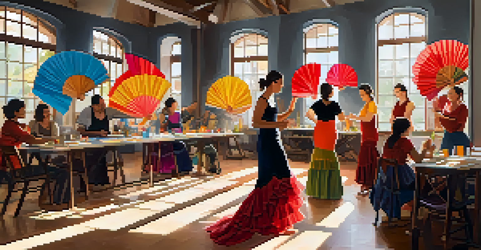 Participants in a flamenco fan-making workshop, learning and creating colorful fans together.